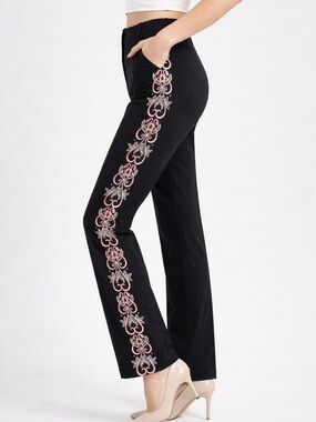 Joseph Ribkoff Y2K Embroidered Side Panel Pants Black Stretch 4